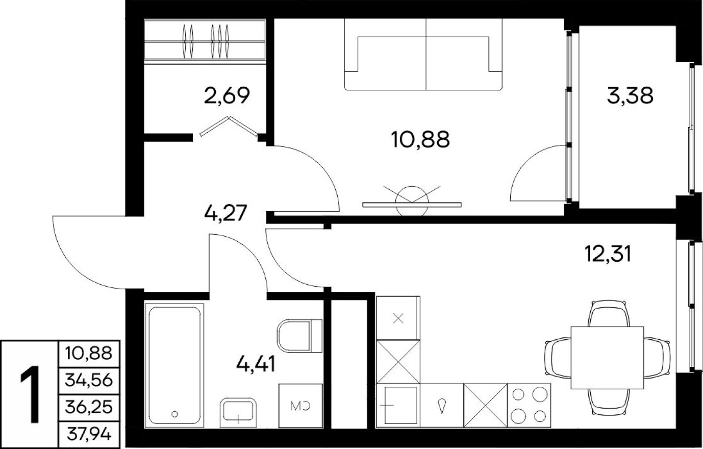 1к. квартира, 37.9 м²