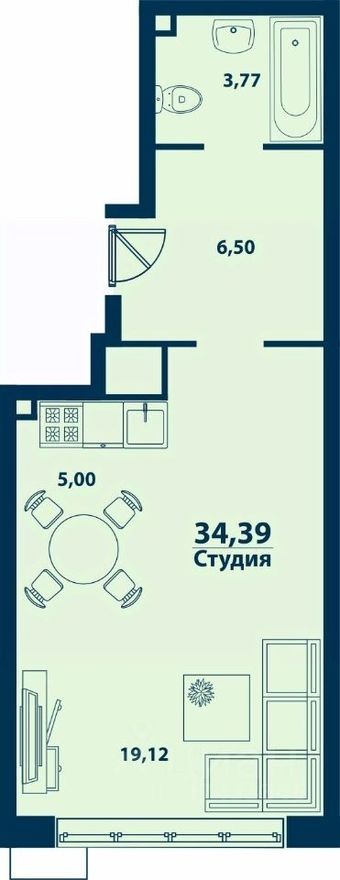 1к. квартира, 34.4 м²