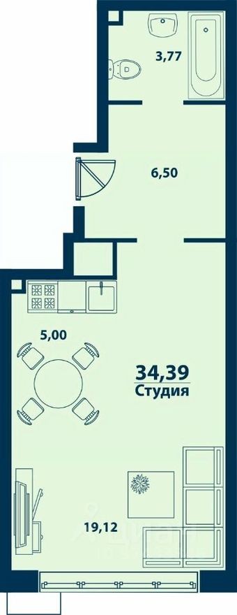 1к. квартира, 34.4 м²