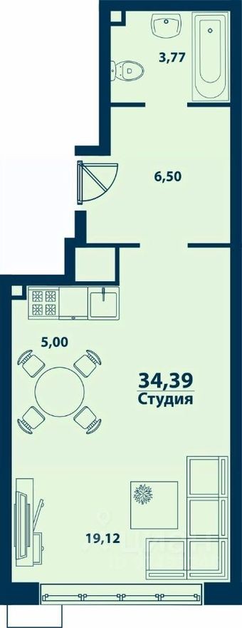 1к. квартира, 34.4 м²