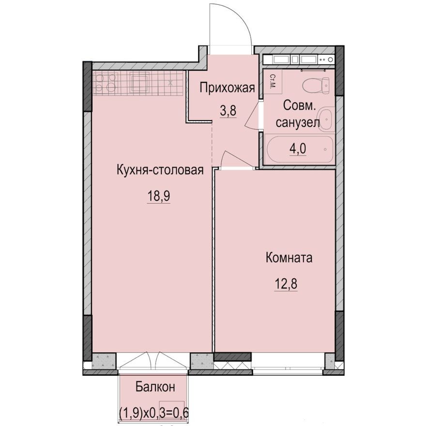 1к. апартаменты, 40.1 м²