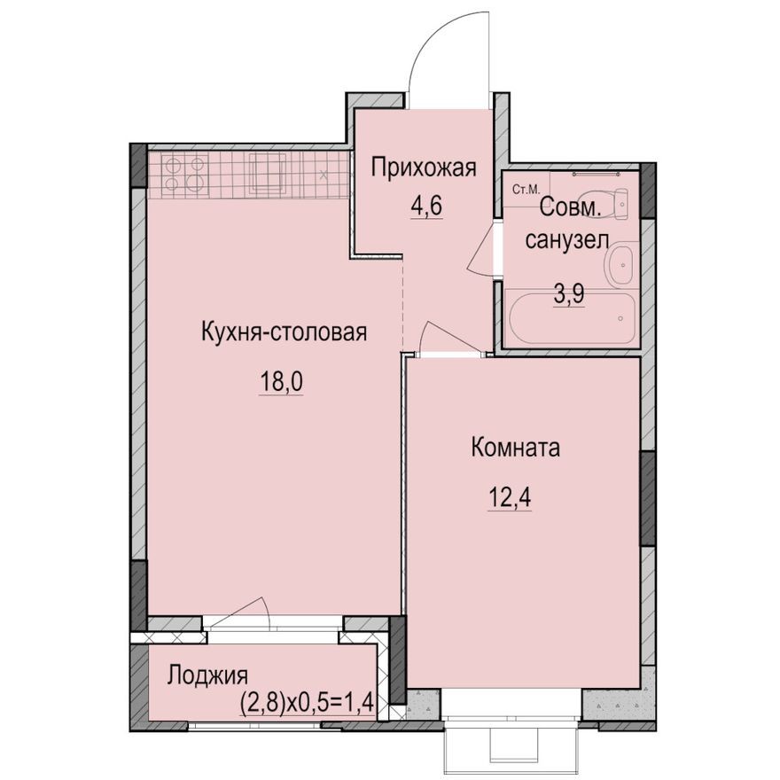 1к. апартаменты, 40.3 м²