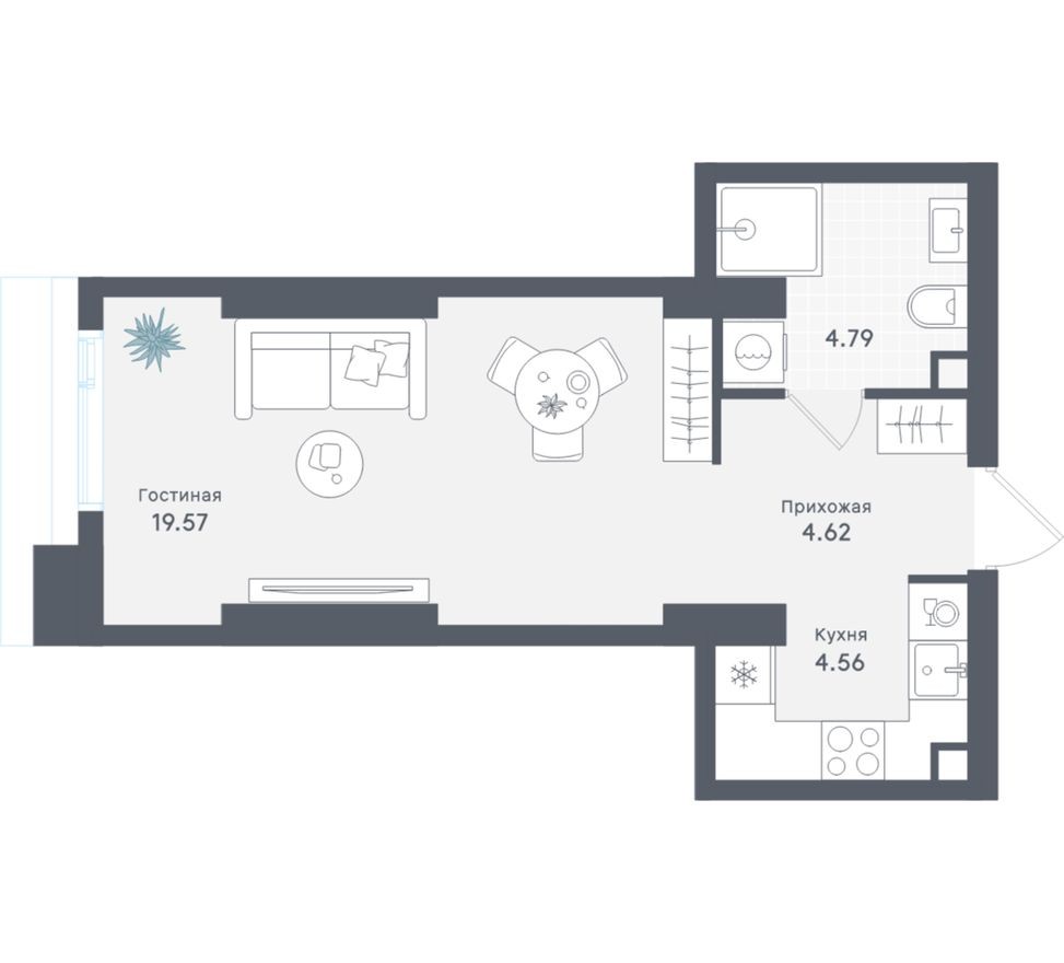 Студия-квартира, 33.5 м²