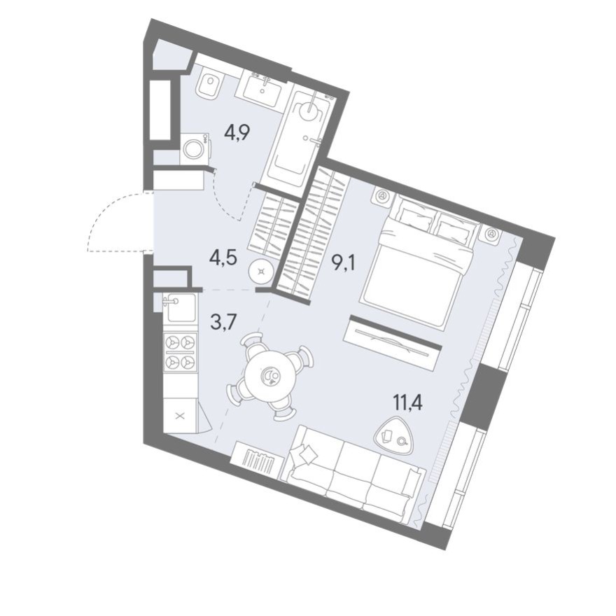 1к. квартира, 33.6 м²