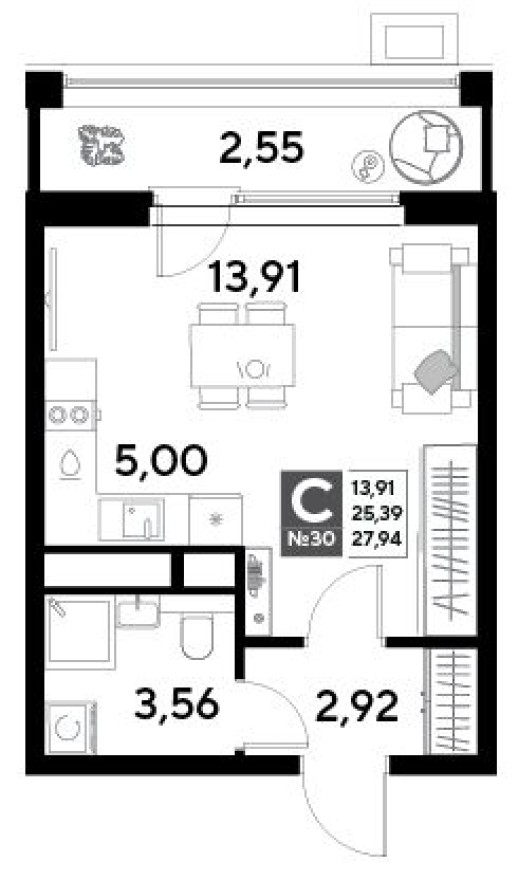 Студия-квартира, 27.9 м²