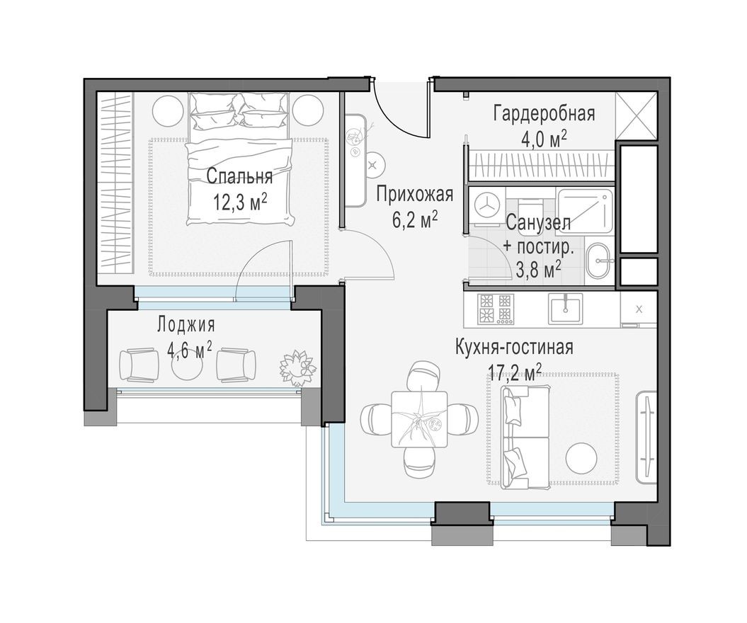 1к. квартира, 46.6 м²