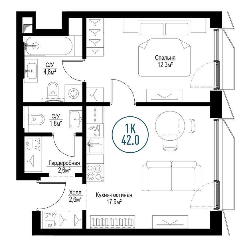 1к. квартира, 41.6 м²