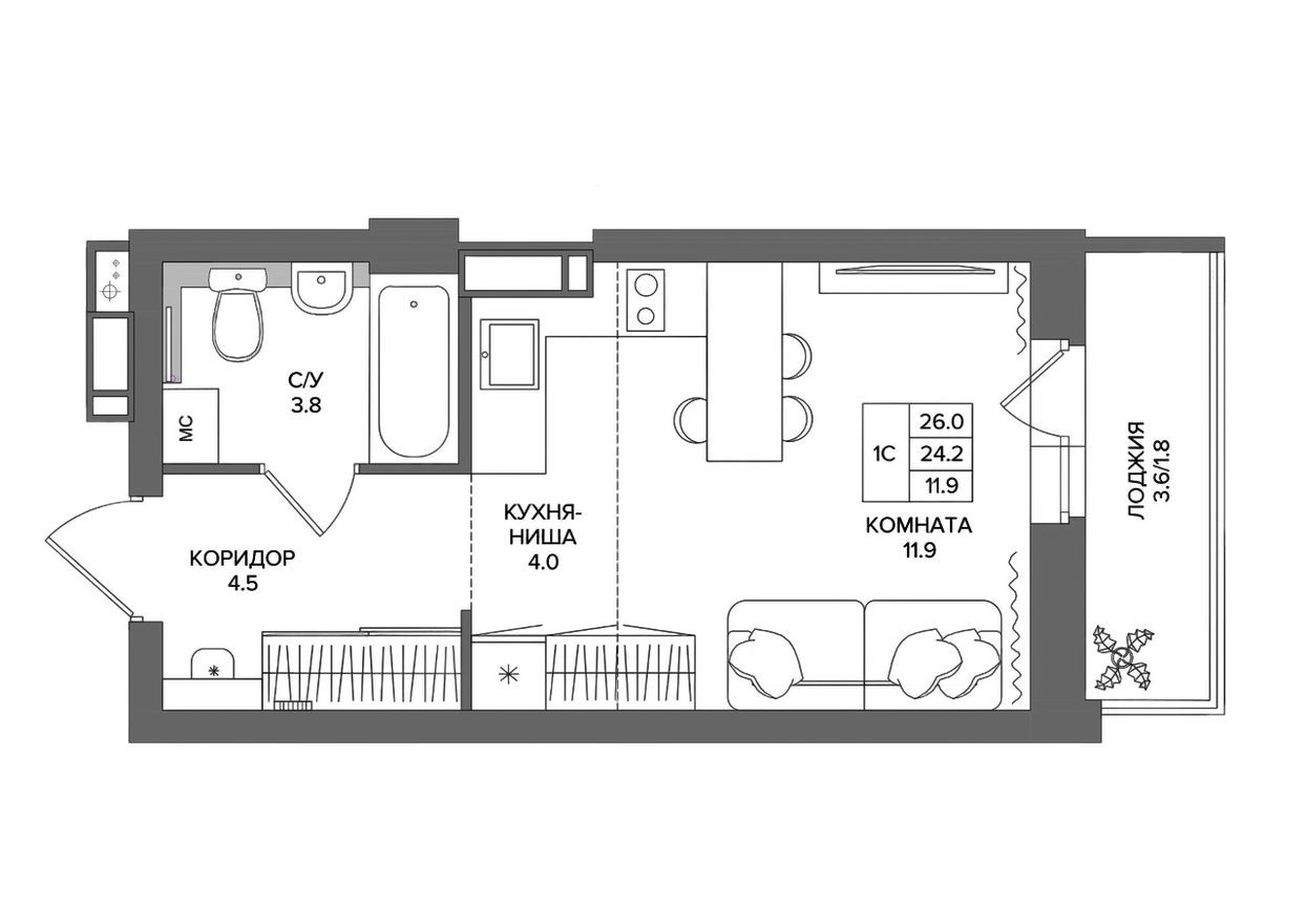 Студия-квартира, 26.0 м²