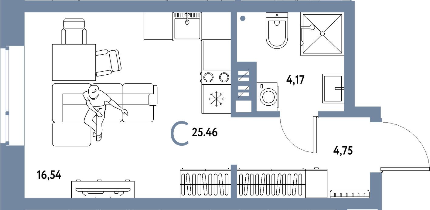 Студия-квартира, 25.5 м²