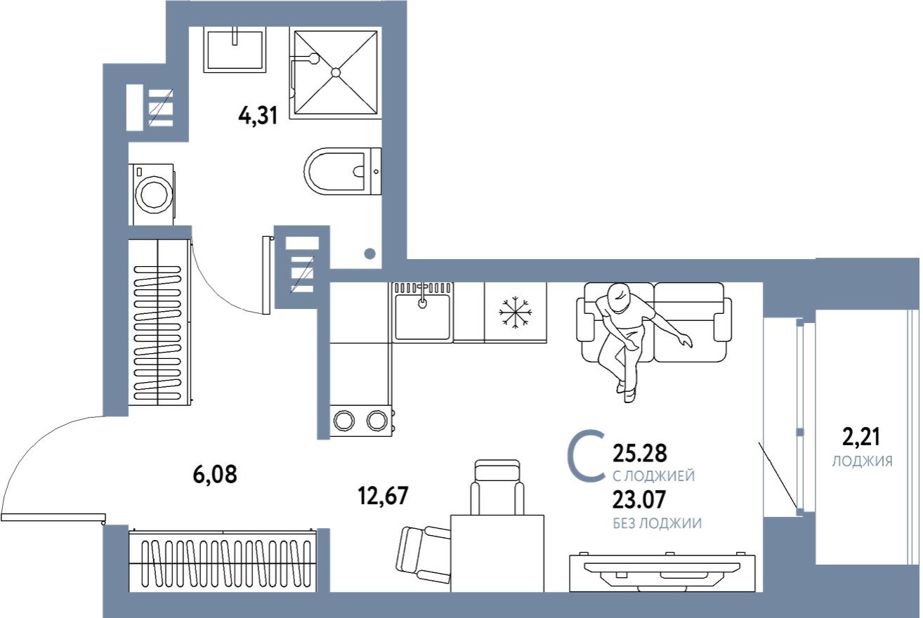 Студия-квартира, 25.3 м²