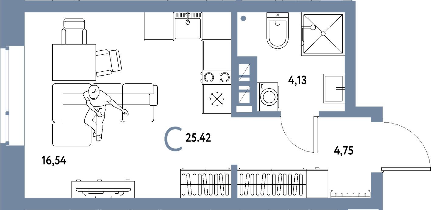 Студия-квартира, 25.4 м²