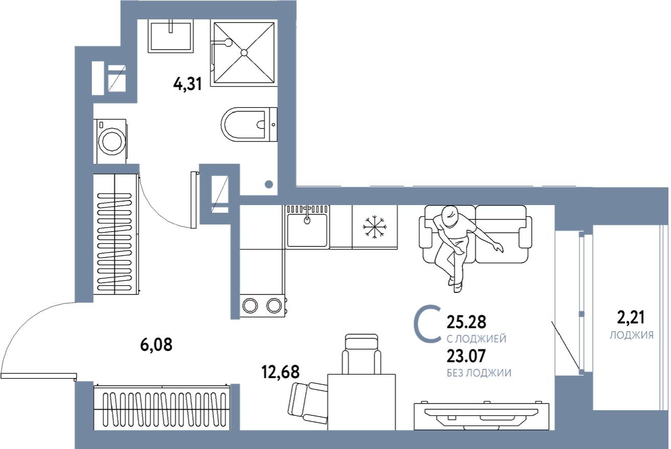 Студия-квартира, 25.3 м²