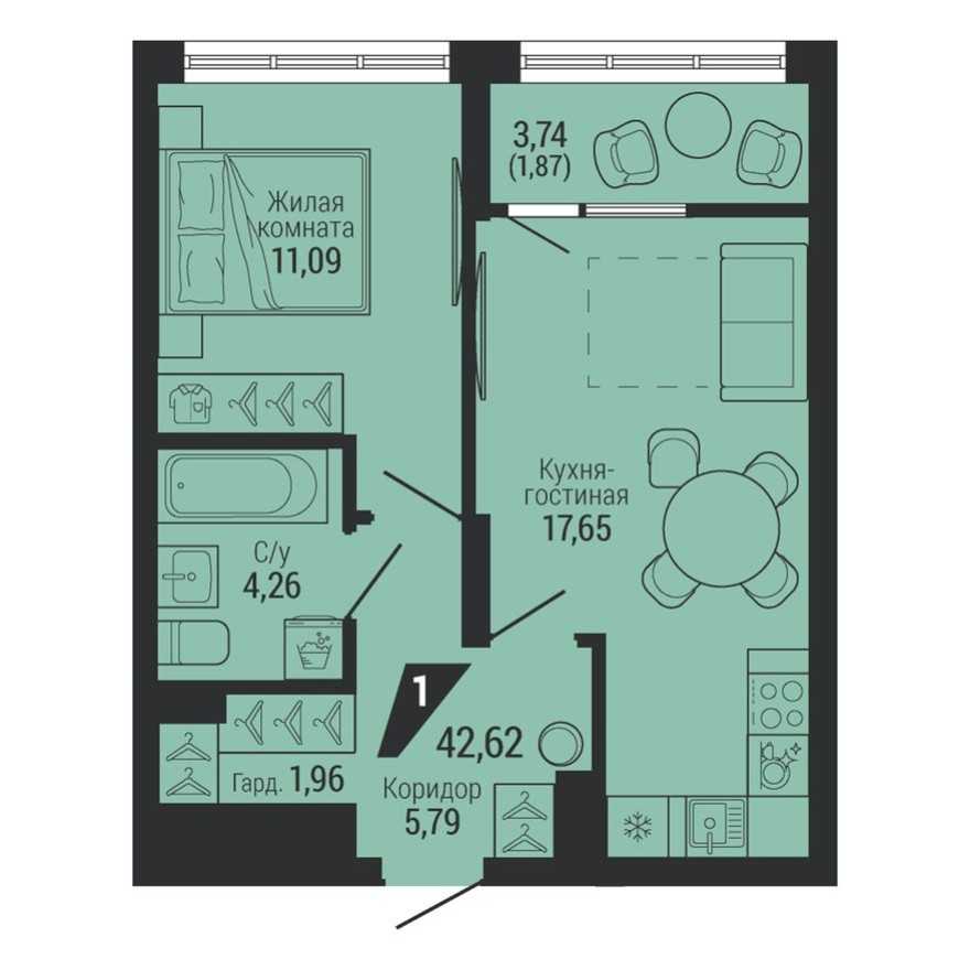 1к. квартира, 42.8 м²