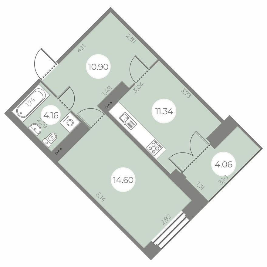 1к. квартира, 43.0 м²