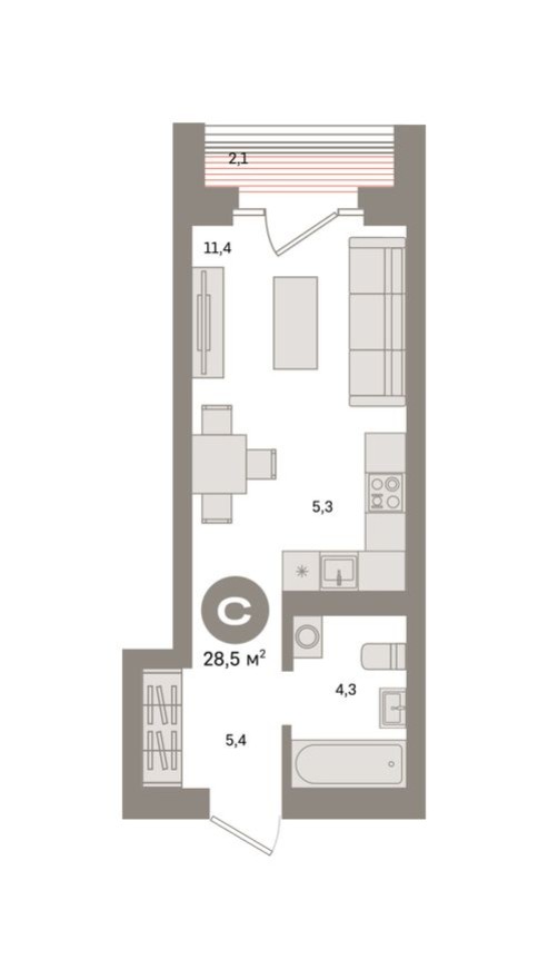 Студия-квартира, 28.5 м²
