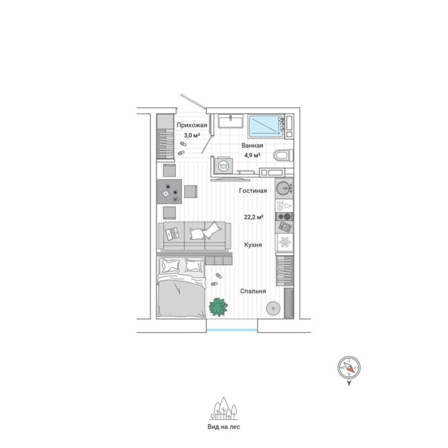 Студия-квартира, 29.6 м²