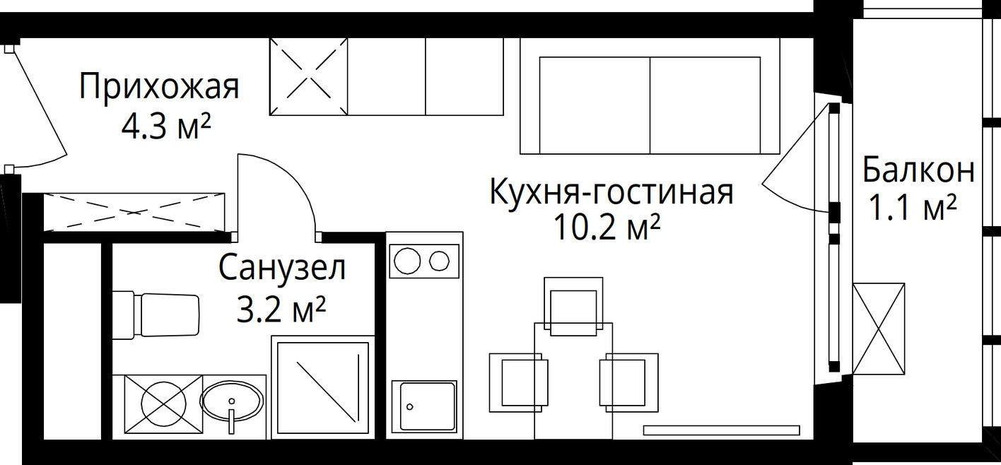 Студия-квартира, 18.8 м²