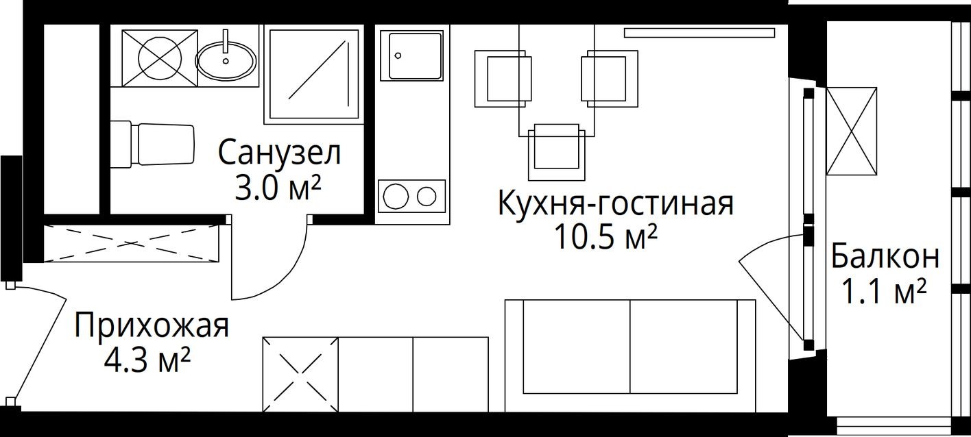 Студия-квартира, 18.9 м²