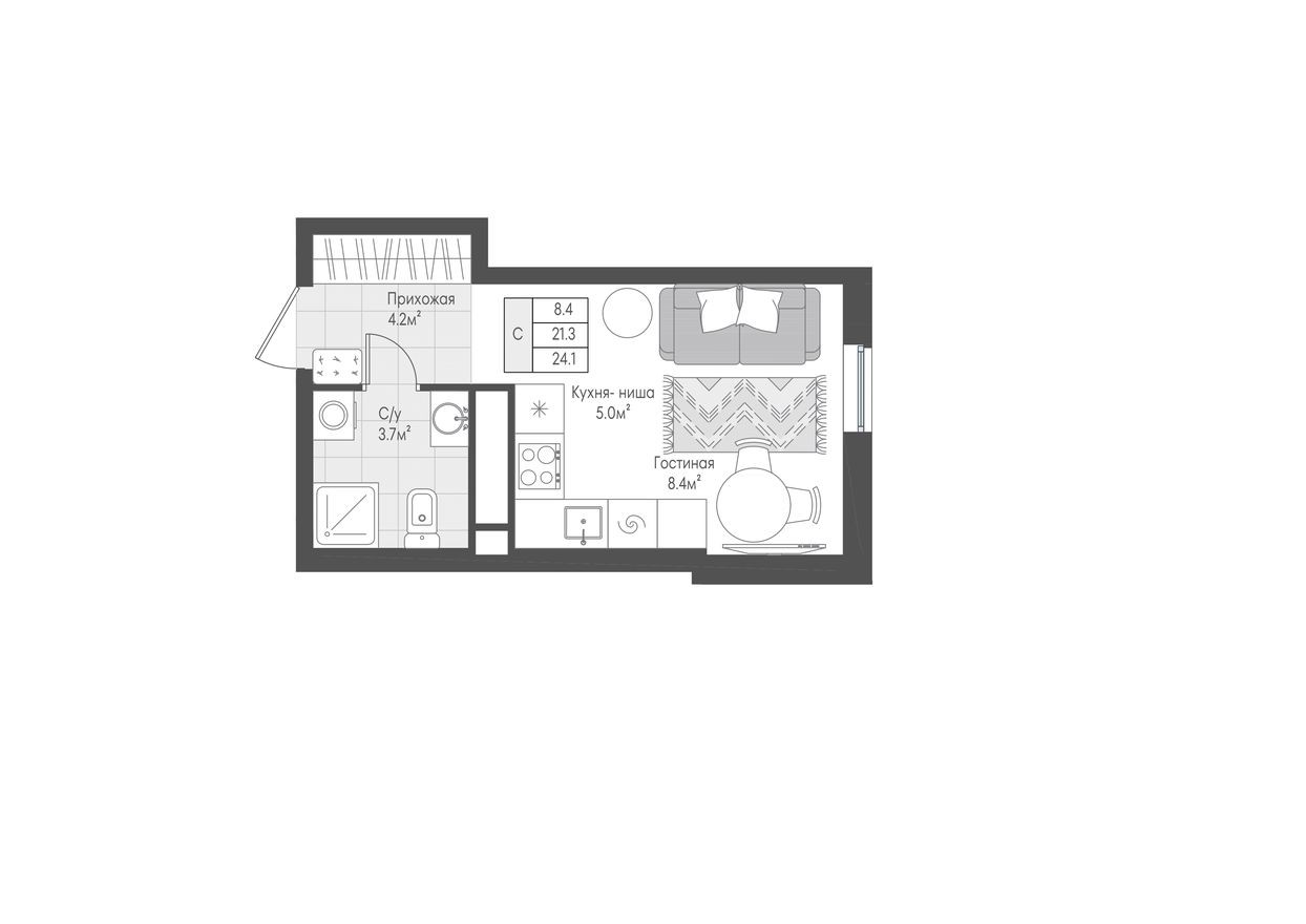 1к. квартира, 21.6 м²