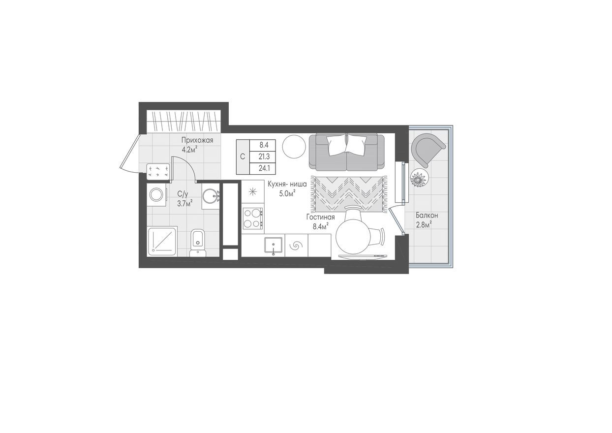 1к. квартира, 21.8 м²