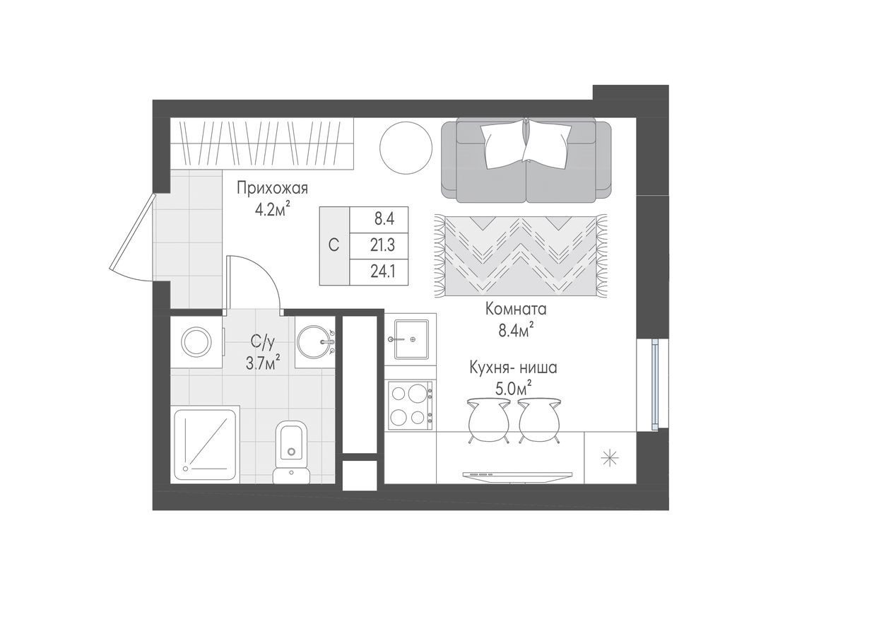 1к. квартира, 22.0 м²