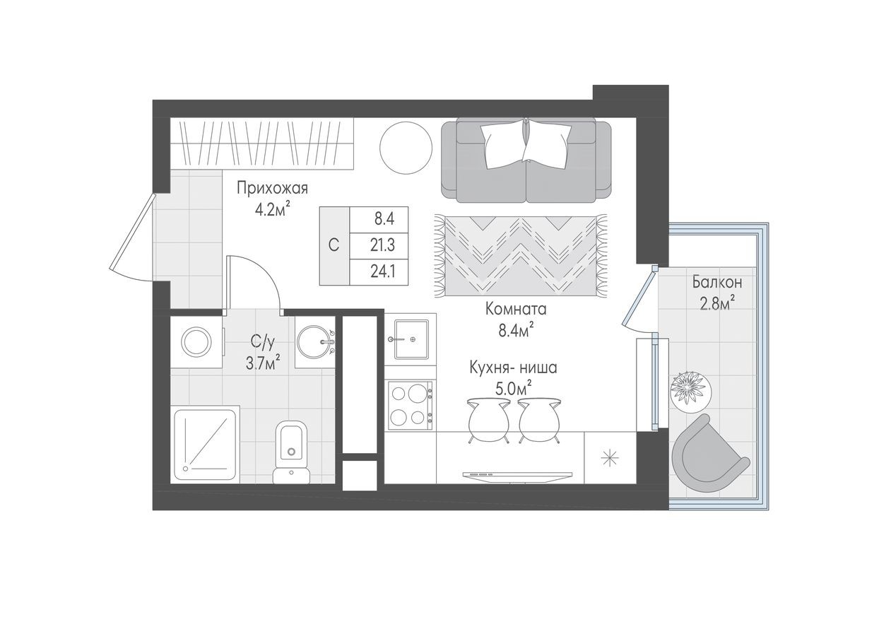 1к. квартира, 22.1 м²