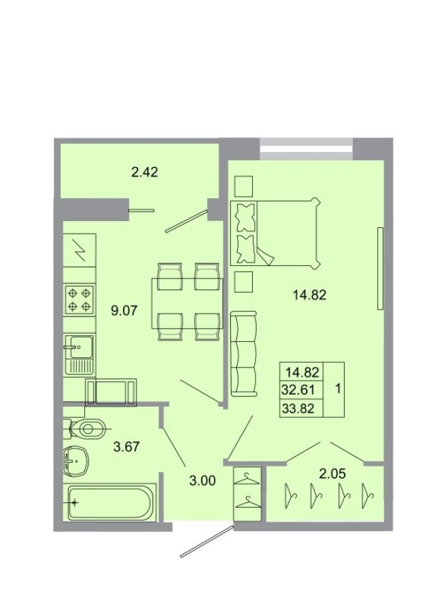 1к. квартира, 32.9 м²