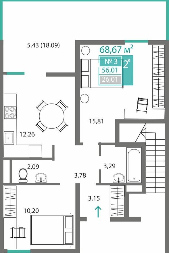 2к. квартира, 56.0 м²