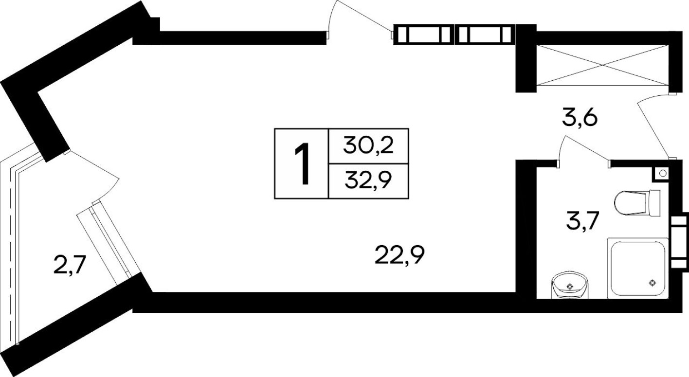 1к. квартира, 32.9 м²