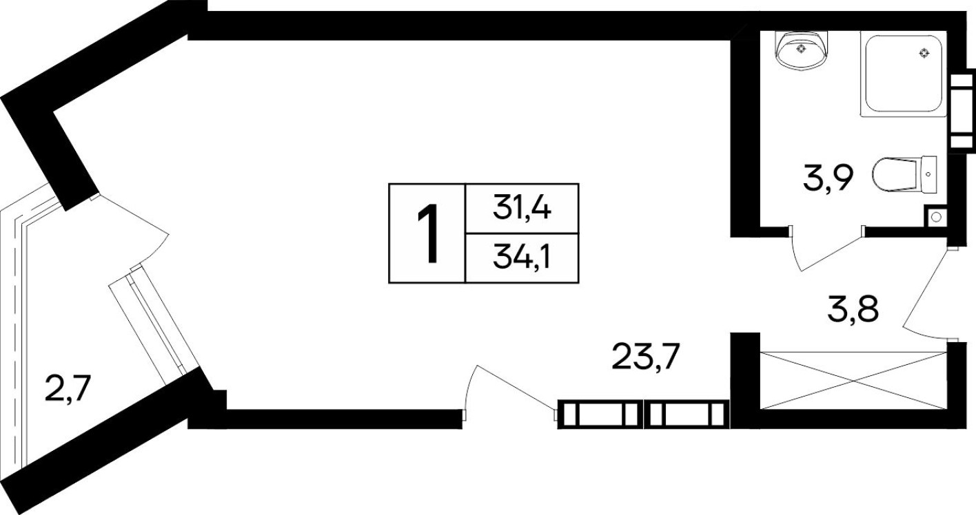 1к. квартира, 34.1 м²