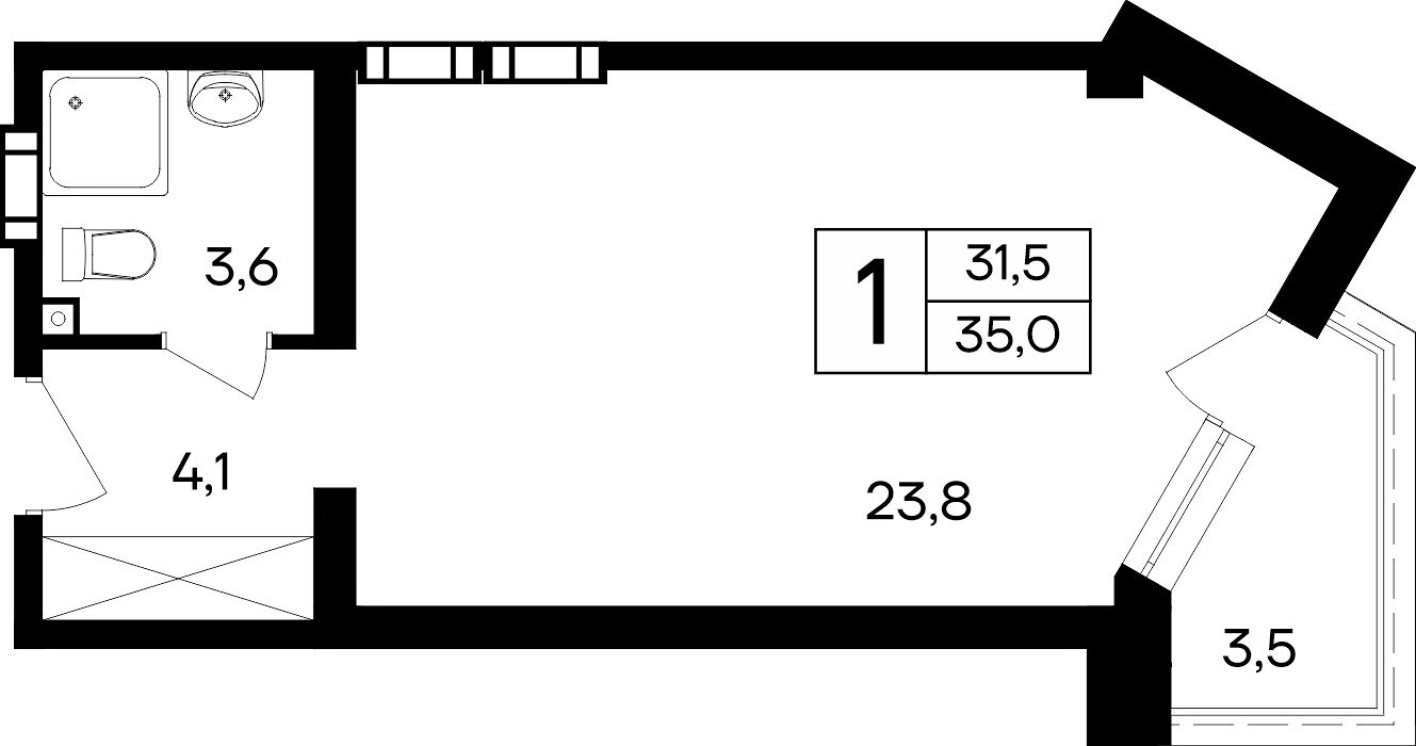 1к. квартира, 35.0 м²