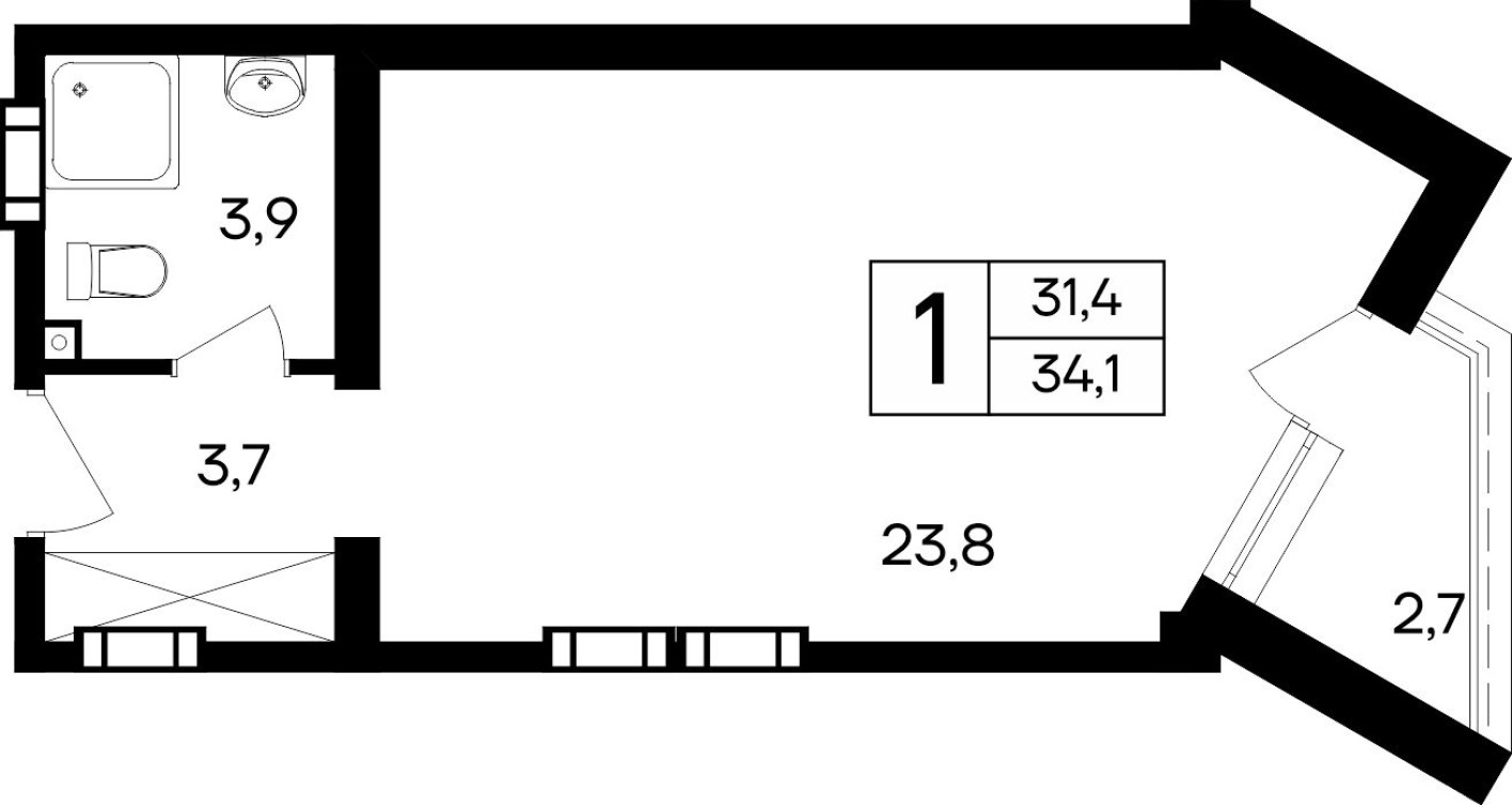 1к. квартира, 34.1 м²