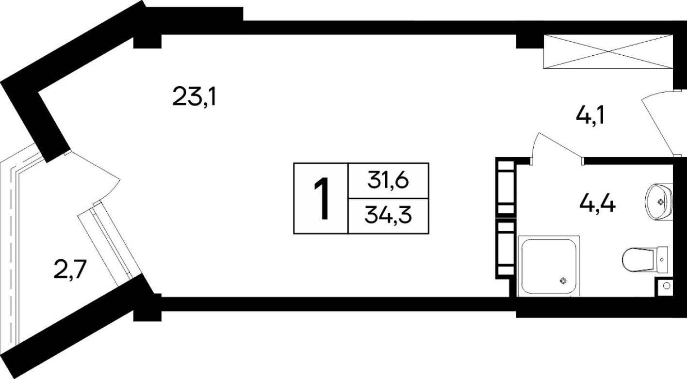 1к. квартира, 34.3 м²