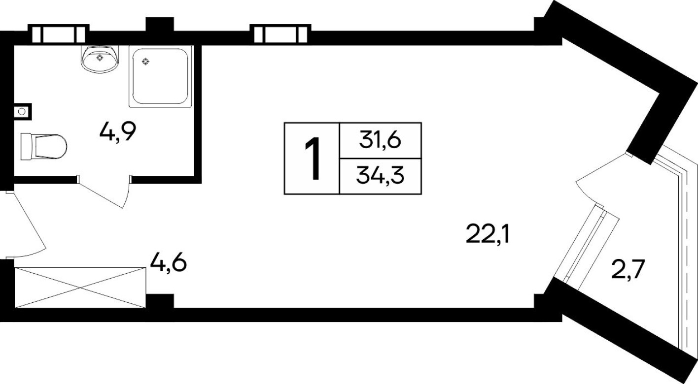 1к. квартира, 34.3 м²