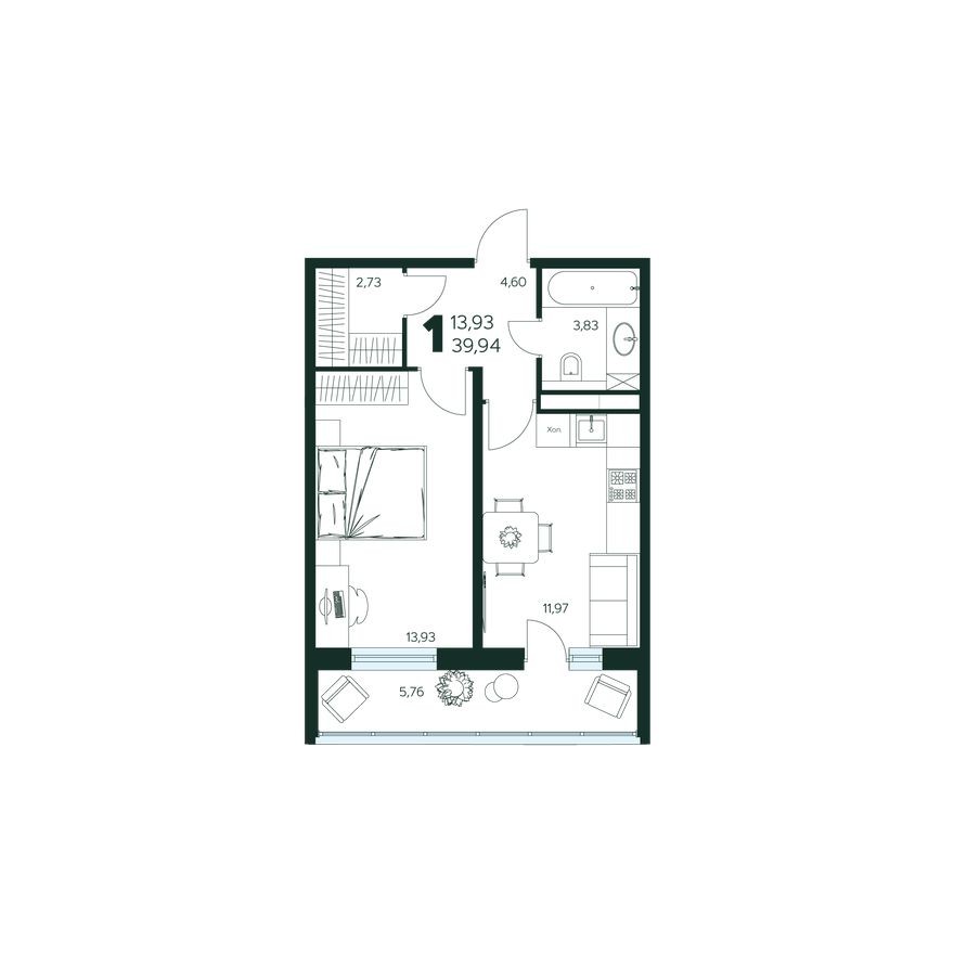 1к. квартира, 39.9 м²