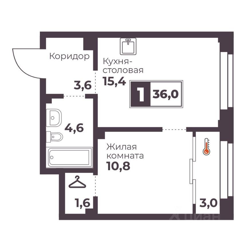 1к. квартира, 36.0 м²