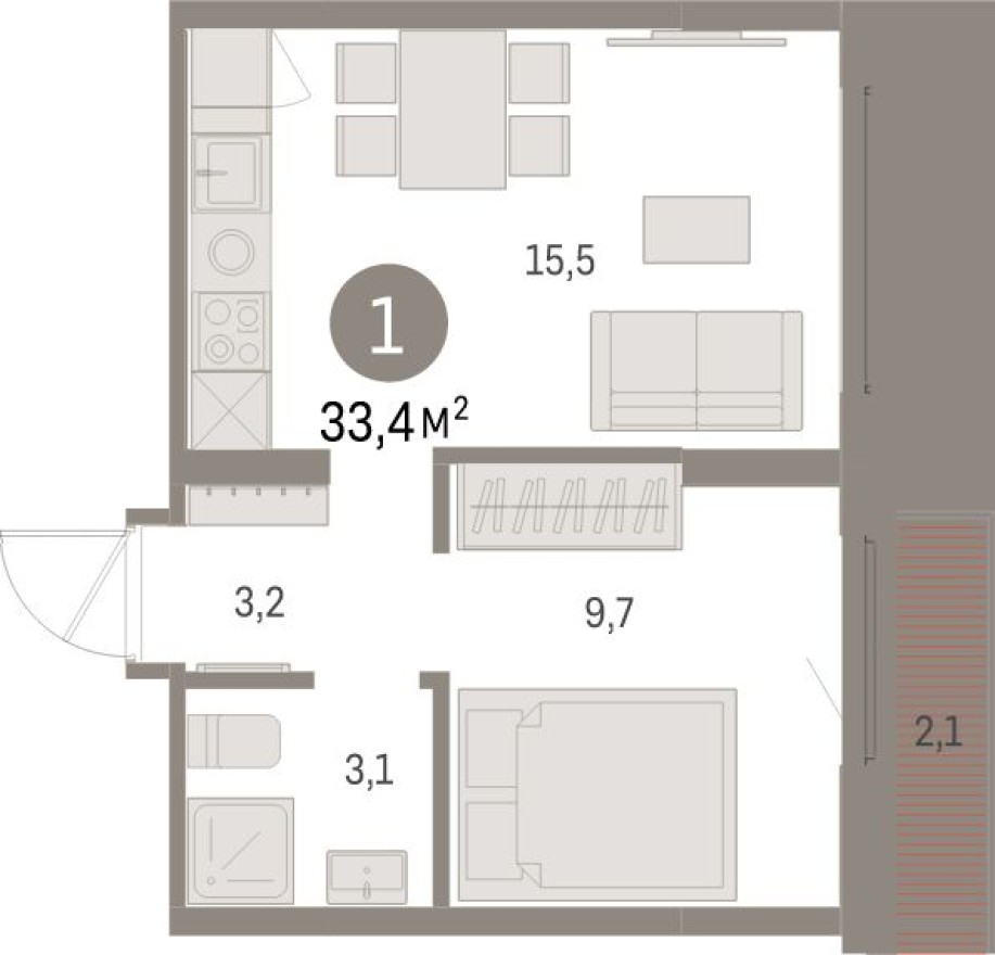 1к. квартира, 33.4 м²