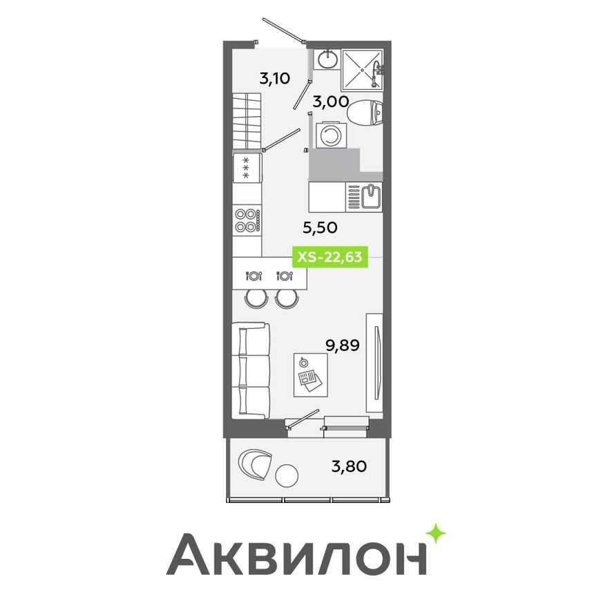 Студия-квартира, 22.6 м²