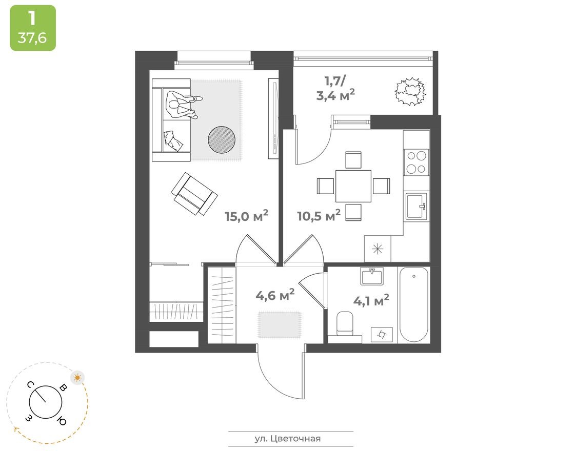1к. квартира, 35.9 м²
