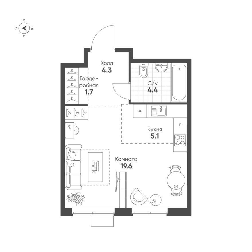 Планировка — 1к. квартира, 35.1 м²