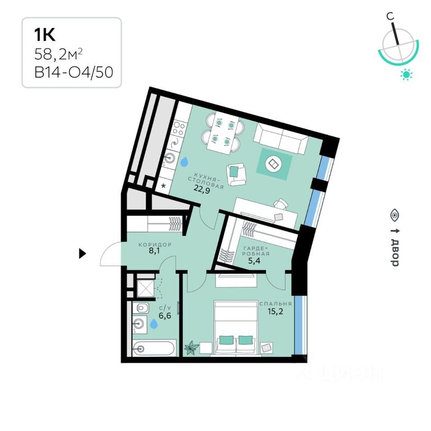 1к. квартира, 58.2 м²
