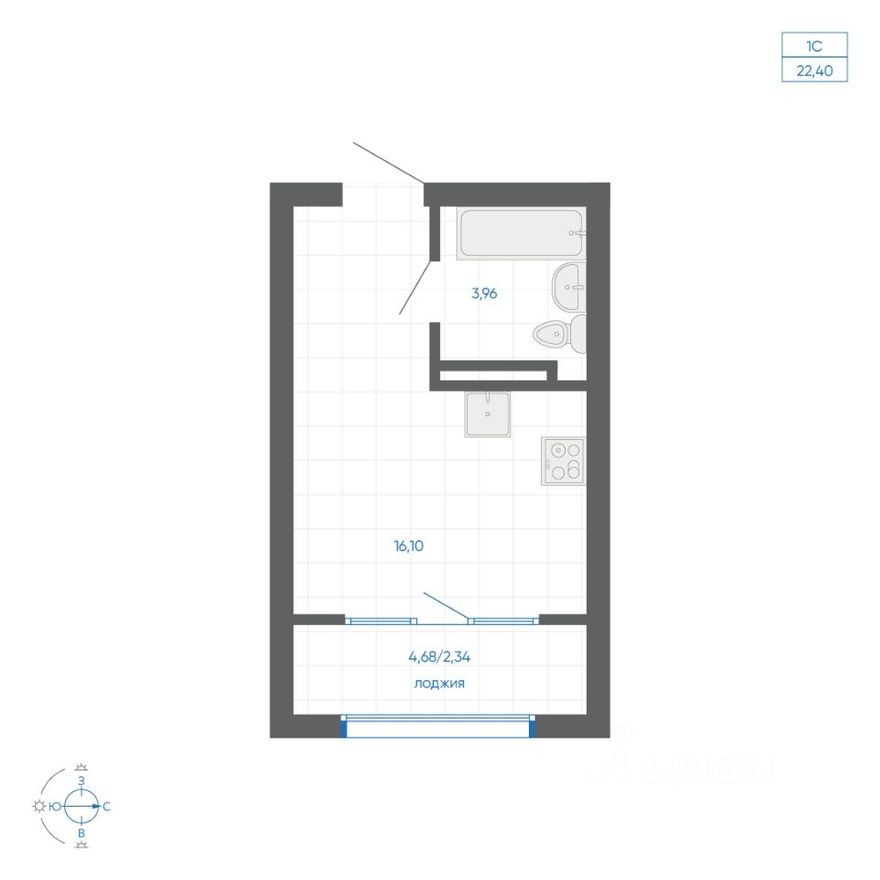 1к. квартира, 22.4 м²