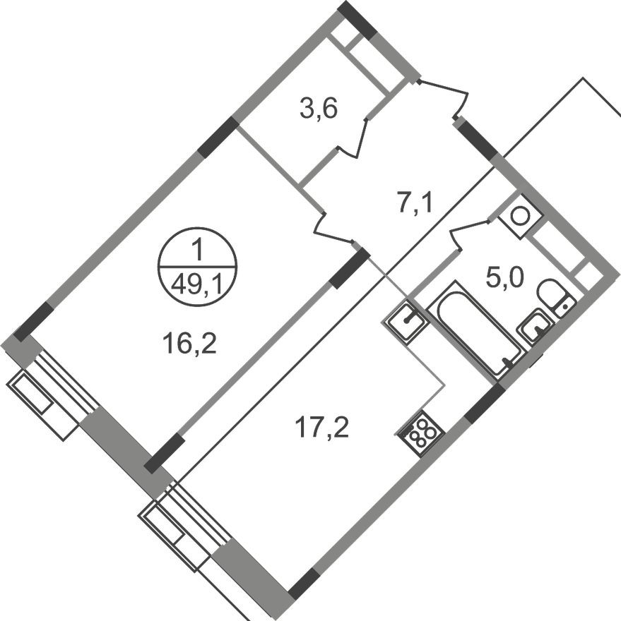 1к. квартира, 49.1 м²