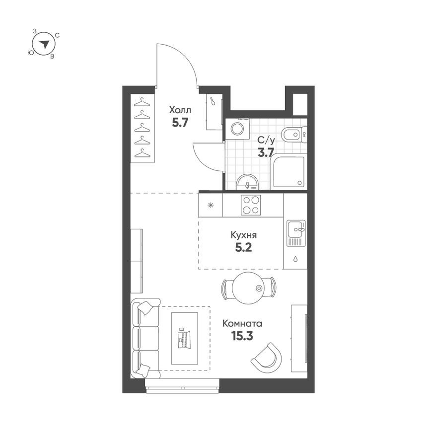 1к. квартира, 29.9 м²