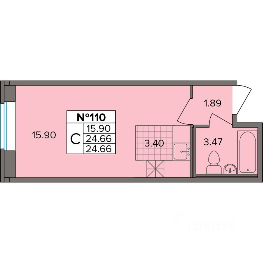 1к. квартира, 24.7 м²