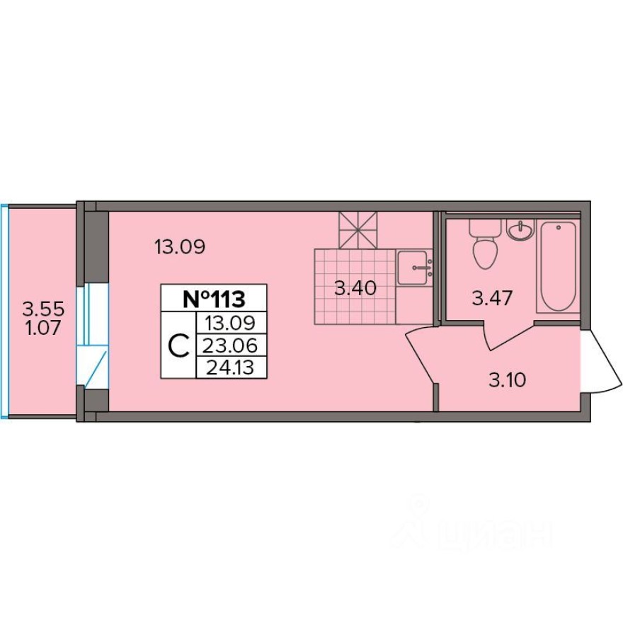 1к. квартира, 24.1 м²