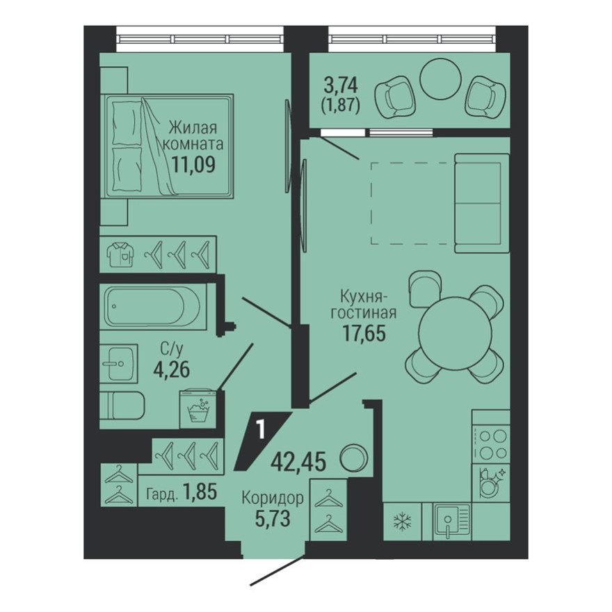 1к. квартира, 42.5 м²