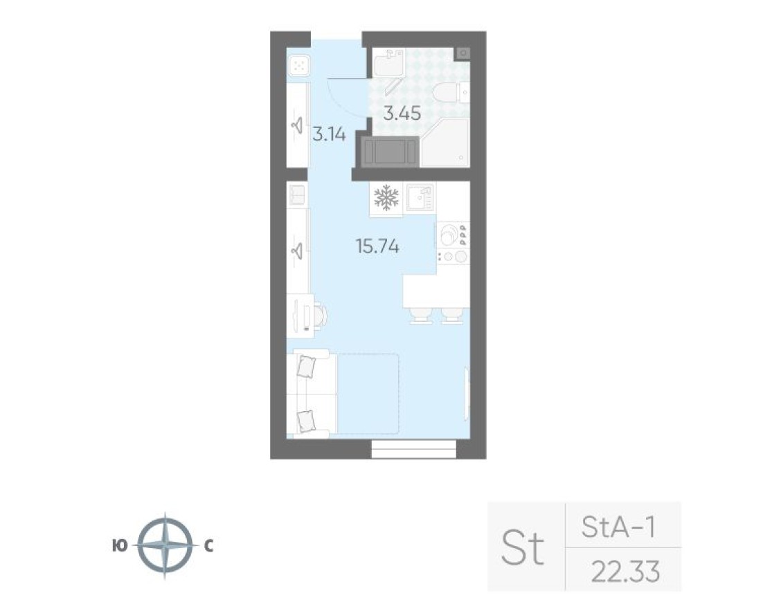 Студия-квартира, 22.3 м²