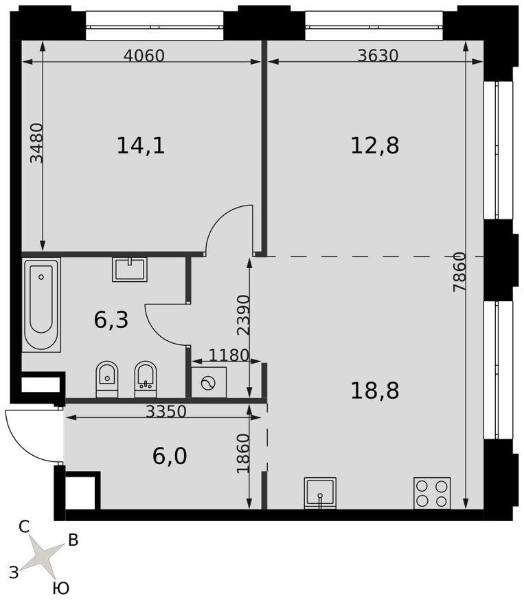 2е квартира, 58.0 м²