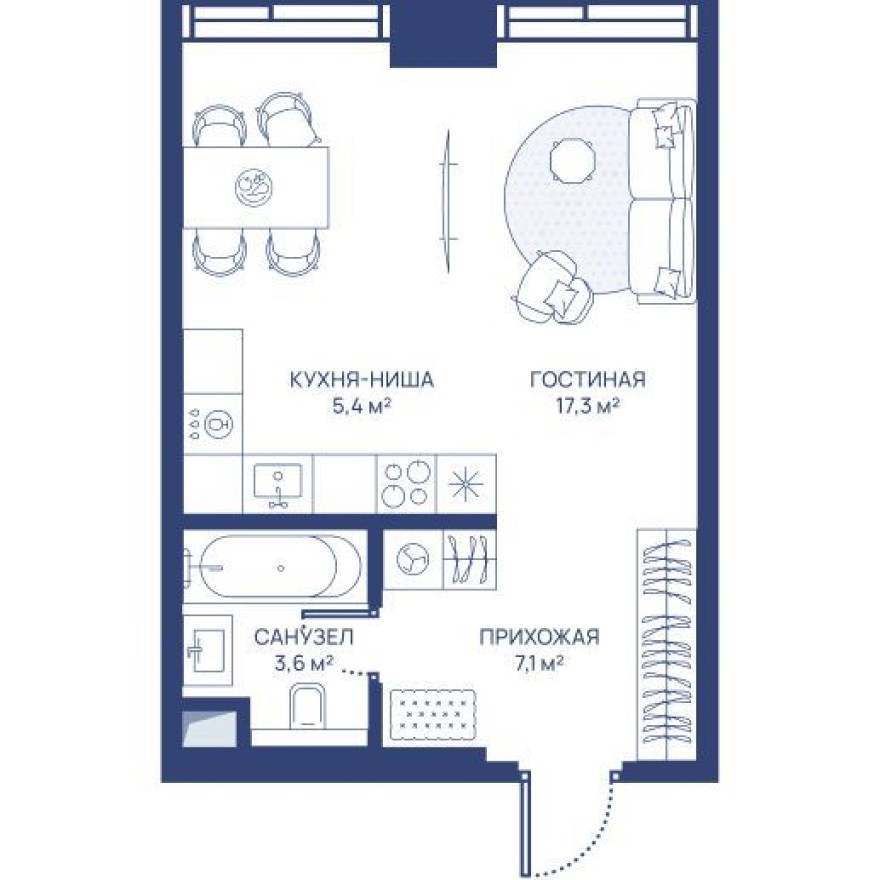 Студия-квартира, 33.4 м²